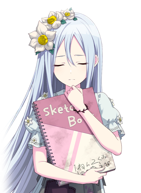 a sadlooking anime girl with closed eyes and long white hair adorned with white and yellow flowers is holding a pink sketchbook. she wears a light blue dress with flower accents and a black beaded bracelet.