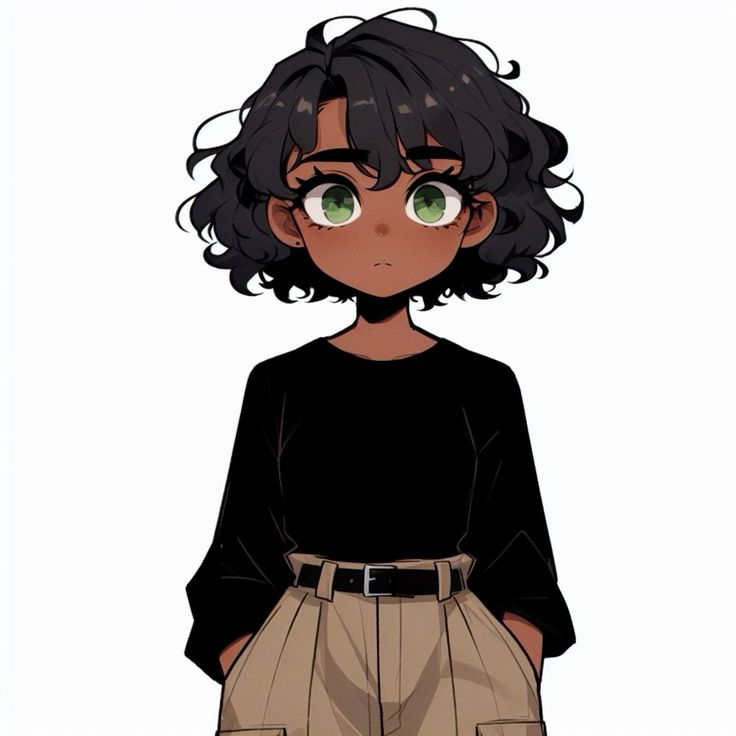 the image is a digital illustration of a young animestyle girl with dark brown skin, short curly black hair, and striking bright green eyes.  she has a slightly melancholic expression. she's dressed in a simple black longsleeved shirt tucked into beige cargo pants with a dark brown belt. her hands are in her pockets. the art style is modern and blends realistic features with anime conventions. the background is plain white, focusing all attention on the character.