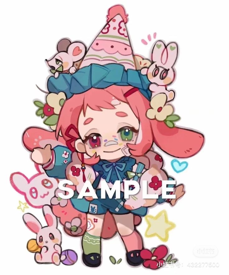 the image is a digital illustration of a kawaii chibistyle anime girl. she has pink hair, bunny ears, and is wearing a party hat adorned with a mouse and surrounded by various cute animals and pastelcolored objects. the overall style is whimsical and happy, with a soft color palette. a large "sample" watermark is prominently displayed across the center. the artwork likely represents a character design sample for commercial use, possibly as a sticker or mascot.