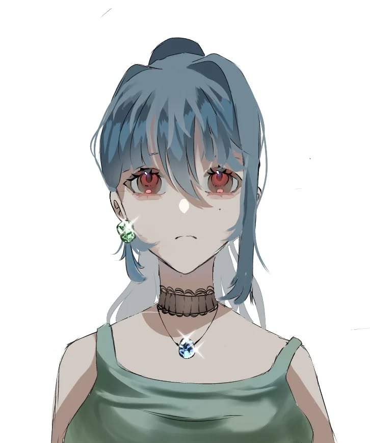 the image is a digital drawing or illustration of a young animestyle girl. she has teal or bluegreen hair styled in a halfupdo,  bright red eyes, and a slightly sad or pensive expression. she's wearing a simple green sleeveless top with thin shoulder straps, a dark choker, and a necklace with a light blue pendant.  she also has small green earrings. the background is plain white, keeping the focus on the character.  the art style is soft and slightly sketchy,  characteristic of many digital anime illustrations.