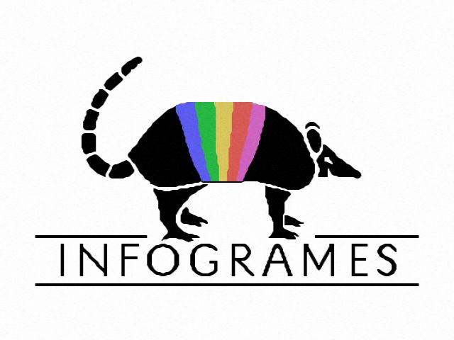 a black and white armadillo with a rainbow stripe on it's back. it's set against a white background with the word "infogrames" below it.  the image is in the style of a logo.