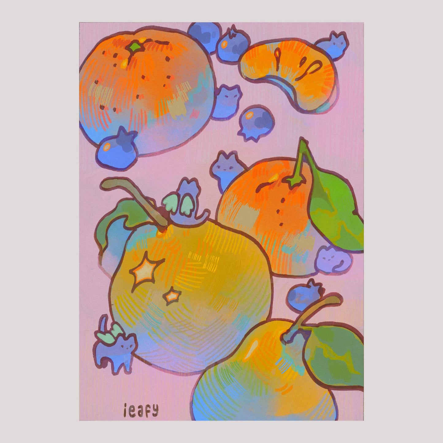 the image is a digital painting or illustration in a whimsical, cartoonish style.  it features several oranges and mandarins, some whole and one peeled segment, alongside numerous small, blue, winged creatures that resemble tiny cats or fairies. the fruits are depicted with a soft, slightly abstract style, using bright, pastel shades of orange, yellow, and blue. the background is a light pink. the overall mood is lighthearted and playful.  there's a signature "ieafy" visible near the bottom. the art style has elements reminiscent of both anime and children's book illustration.