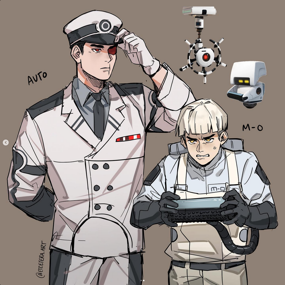 the image showcases a digital art piece of humanized versions of auto and mo from pixar's walle. auto, depicted as a tall, imposing man in a white militaryinspired uniform, stands confidently, his gaze serious and intense as he adjusts his cap. beside him, a shorter, younger man representing mo, dressed in a white jumpsuit with cleaning tools attached, intensely focuses on a handheld gaming device. the background is a muted gray, drawing attention to the stark contrast of the characters' white attire. above mo's head float simplified, schematic versions of auto's eye and mo's robotic form.
