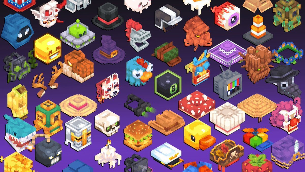 this image showcases a diverse collection of isometric voxel art hats and headwear set against a purple background. each piece is uniquely designed with intricate details, ranging from everyday objects to fantastical creatures.