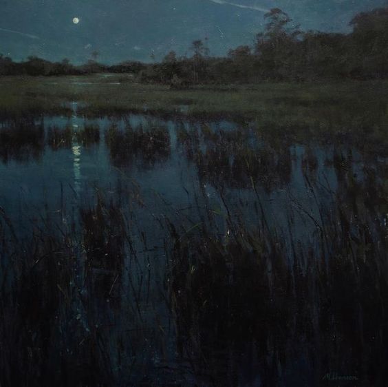 a painting of a marsh at night. the moon is high in the sky, casting its light on the water and the surrounding trees. the water is calm and reflects the moon's light, creating a sense of tranquility and peace.