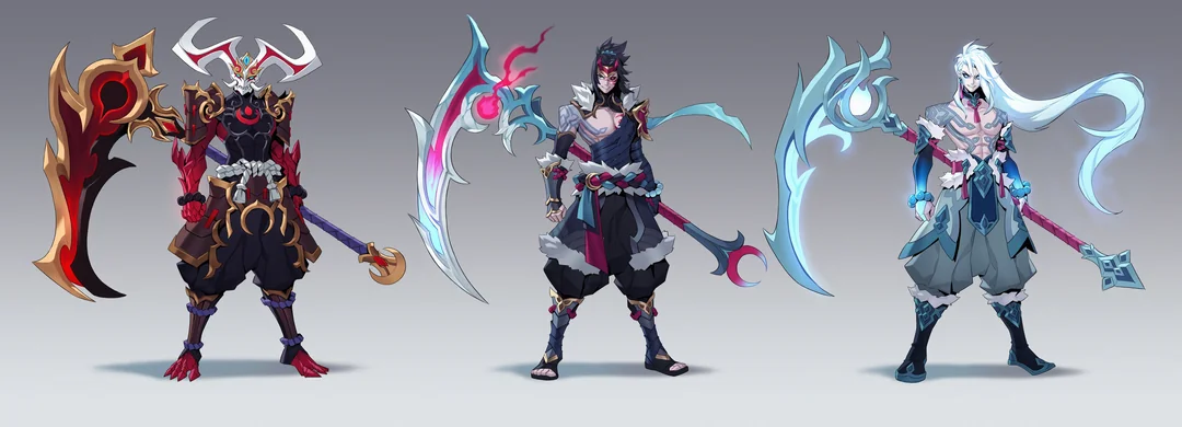 the image showcases concept art of three variations of a male fantasy character, possibly from a video game. each character is a warriortype, adorned with distinct armor and wielding a large scythelike weapon. the design variations include red/black, blue/purple and blue/white color schemes. the style is reminiscent of anime or manga, with detailed clothing and weapon designs. the image suggests different skins or character variations for the same base character model.
