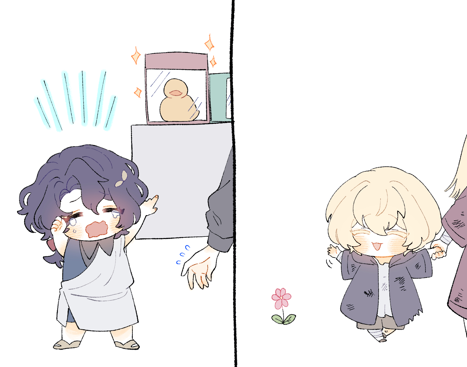 he image is a twopanel cartoon illustration featuring chibistyle characters.  the first panel depicts a small child with dark purple hair, dressed in a lightcolored tunic, crying. they appear upset about a rubber duck toy inside a clear container, which is sitting on a shelf or table. a larger hand is gently reaching out to comfort them. the second panel shows a blonde child, joyfully walking away from the first child, seemingly unaffected by the other child’s distress. a small flower is present in this panel. the style is soft and light, with pastel colors and simple lines. the overall tone suggests a sibling dynamic with contrasting reactions to the situation.