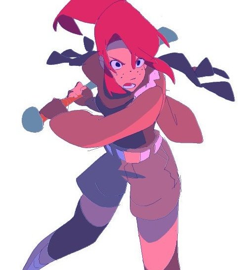 the image depicts a young anime girl with long red hair tied in a ponytail, wearing a purple and brown outfit with a long red cape, holding a blue weapon. she is in a dynamic fighting pose, with her eyes focused and a determined expression on her face. the colors are vibrant and stylized, with a mix of purple, pink, blue, green, and white. the illustration is done in a digital art style, with soft edges and a dynamic linework. the background is white, allowing the character to stand out and be the focus of the image. the overall feeling of the image is energetic, fierce, and actionpacked.
