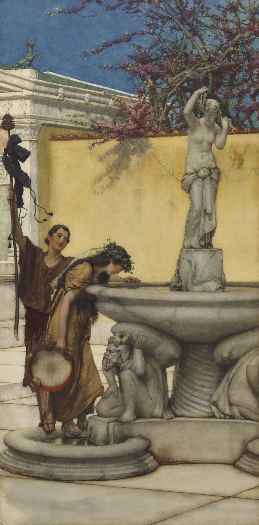 the painting depicts a classical scene with a man and a woman standing near a large fountain. the man stands to the left, holding a thyrsus and a tambourine. the woman, adorned with a wreath, leans towards the fountain. a statue of a woman stands atop the fountain, adjusting her hair. the setting appears to be a courtyard with a yellow wall, pink flowers, and a tree.