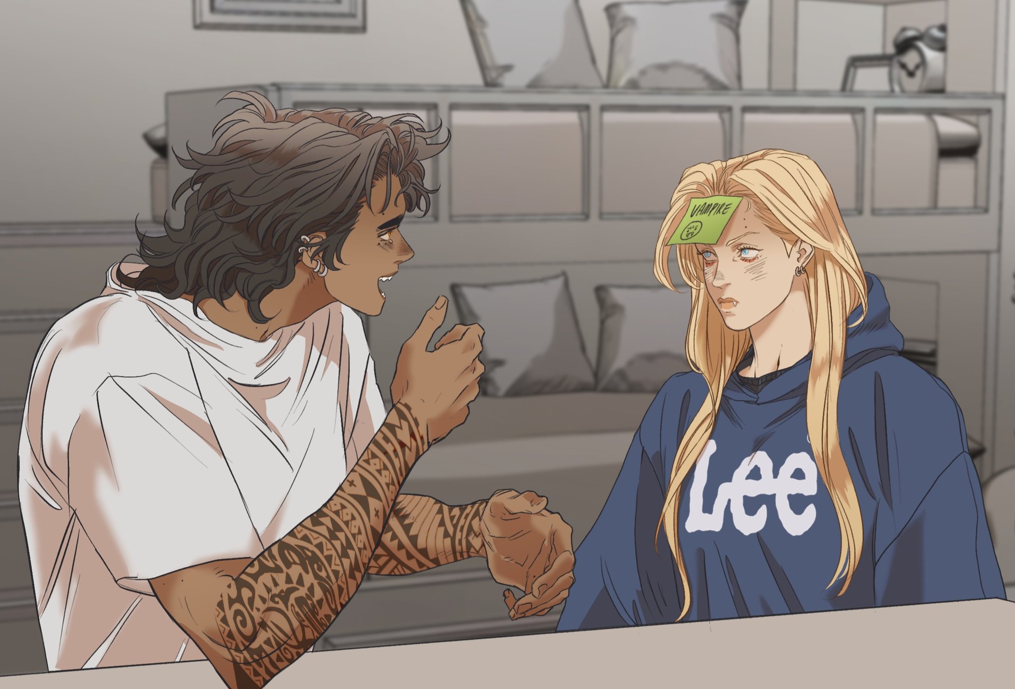 two cartoon style figures, a man and a woman, are playing a guessing game indoors. the woman has a sticky note with the word "vampire" written on it stuck to her forehead, and the man is talking to her, possibly giving her clues. the woman is wearing a blue hoodie with the word "lee" printed on it in white. the man has a tattoo on his arm. they are sitting at a table in what appears to be a room with shelves in the background.