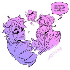a black and white sketch of two people with added color. the person on the left is wearing a jacket and has a mischievous expression on their face.  there is a thought bubble above them containing a simple drawing of a person with tentacles for hair. the second person is on the right and is dressed more formally. they have an annoyed expression on their face and a word bubble that says "you could have looked like this this whole time?".