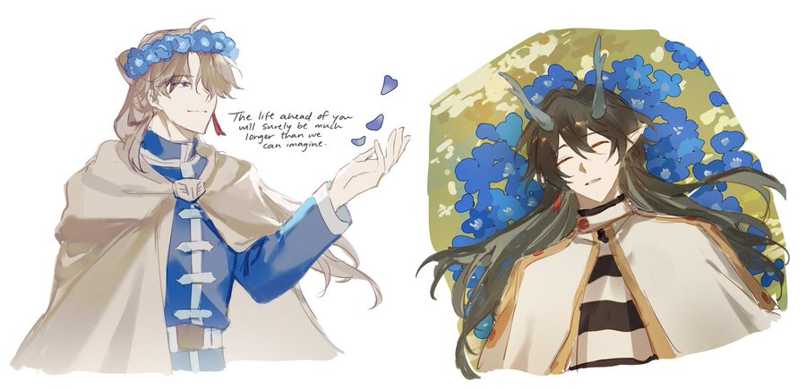 this image is a digital painting that features two male anime characters.  the one on the left is standing and is wearing a brown and blue outfit. they are smiling and have long blonde hair. the one on the right is lying down with long green hair and a horn. they are wearing a white outfit with a black and yellow pattern. there are flowers and text around them, but it is hard to make out any details. they appear to be friends.
