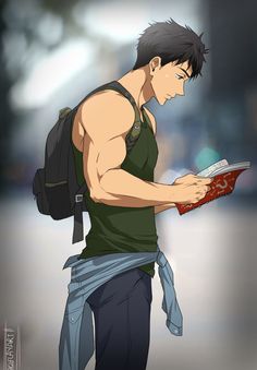 an animestyle illustration of a muscular man standing outdoors on a city street, reading a book. he has short, dark hair and is wearing a green tank top, blue jeans with a light blue shirt tied around his waist, and a backpack. the background is blurred, suggesting a bustling city environment.