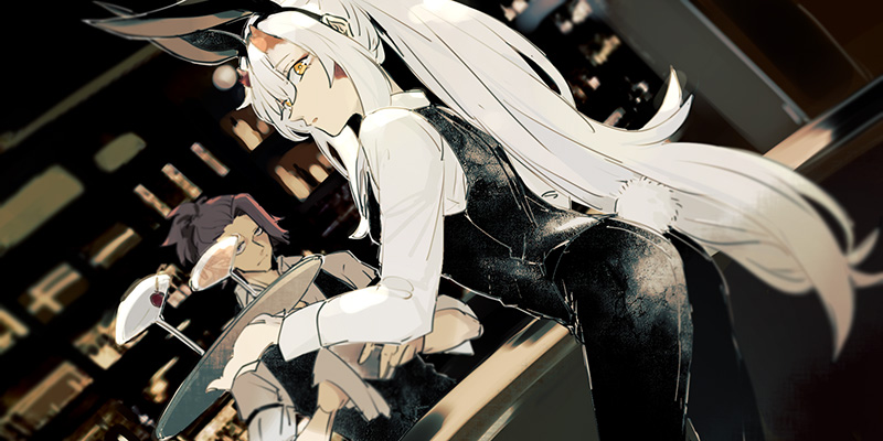 a scene from an anime showing a waitress, with long white hair and bunny ears, in a black and white dress serving a cocktail to a male customer at a bar. the customer is wearing a brown suit and tie. the scene is dark and moody, with the waitress standing at the counter and the customer sitting at a table. the waitress is looking down at the customer, while the customer is looking up at her.