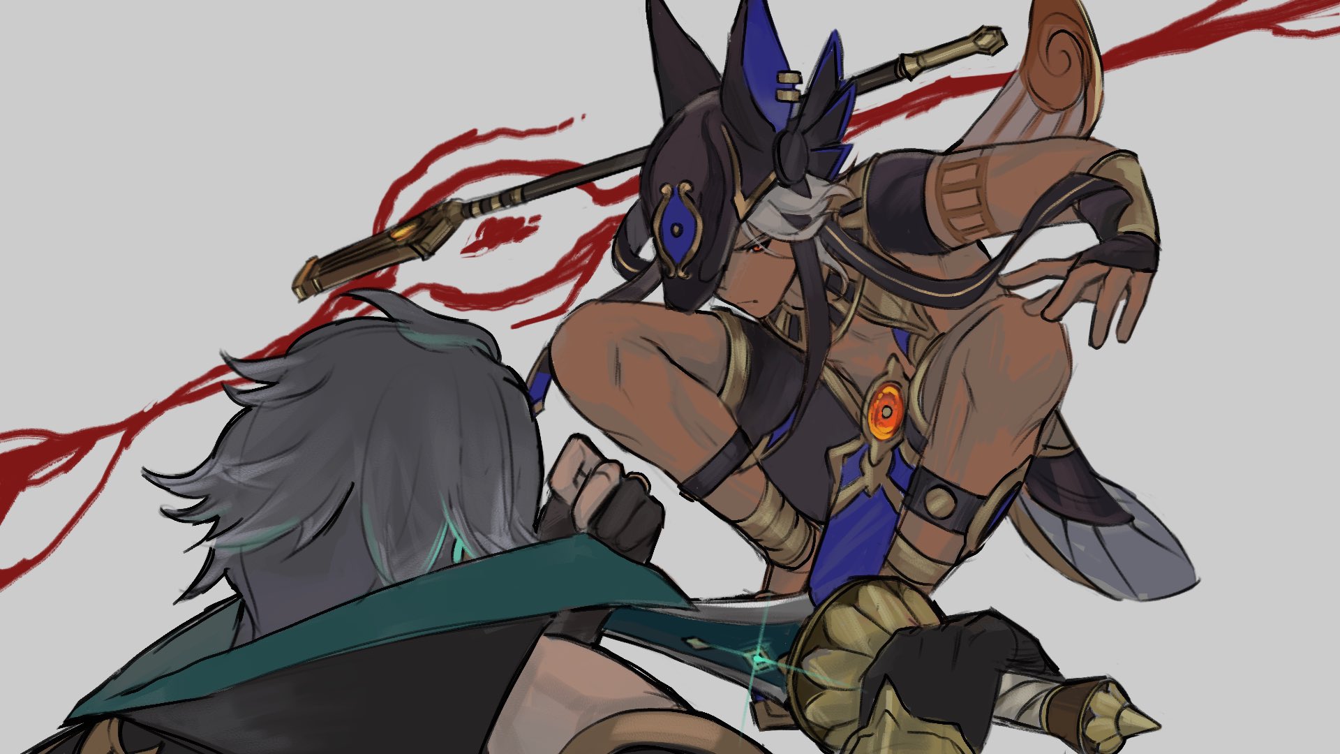 the image depicts a dynamic fight scene between two male characters, likely from the game genshin impact. the character on top, potentially cyno, is leaping through the air with a determined expression. he wears an egyptianinspired outfit with blue and gold accents and wields a golden polearm. blood splatters trail behind him, suggesting a fierce battle. the second character, possibly xiao, is crouched low, seemingly parrying an attack with his sword. his attire features teal and black, and his expression is hidden by his silver hair. the background is a neutral gray, emphasizing the characters and the action. the lighting is dramatic, highlighting the characters with a spotlight effect and further amplifying the intensity of the scene.