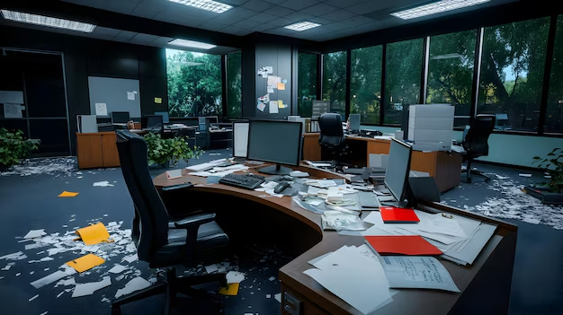 an office in complete disarray with papers strewn across the floor and desks.  a chair is overturned and there is a large pile of garbage on the floor. this office appears to have been left in a state of chaos and destruction.