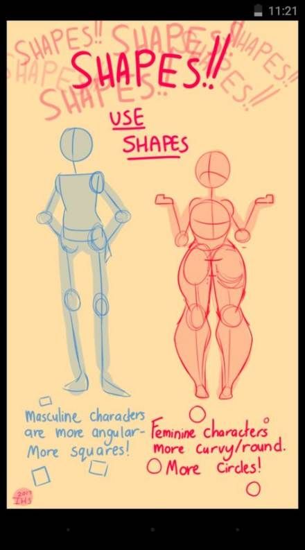 his image shows a drawing tutorial on how to draw a male and female human figure. it demonstrates the idea of using shapes to depict different body types for a male and female figure. the drawing on the left shows a male character with more angular shapes like squares and rectangles. the drawing on the right shows a female figure using rounded shapes, circles and curves. the caption underneath the drawing explains that masculine characters are more angular, with more squares, while feminine characters are more curvy/round, with more circles.