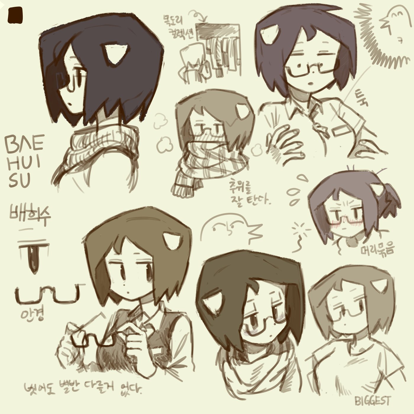 the image is a collection of handdrawn sketches of anime/manga girls in various outfits. they are mostly sketched in brown and black, with some lines colored in a lighter brown color. there is a mix of full body and headshots, with some drawings showing the girls interacting with other objects or ideas, like clothing, or cold weather.