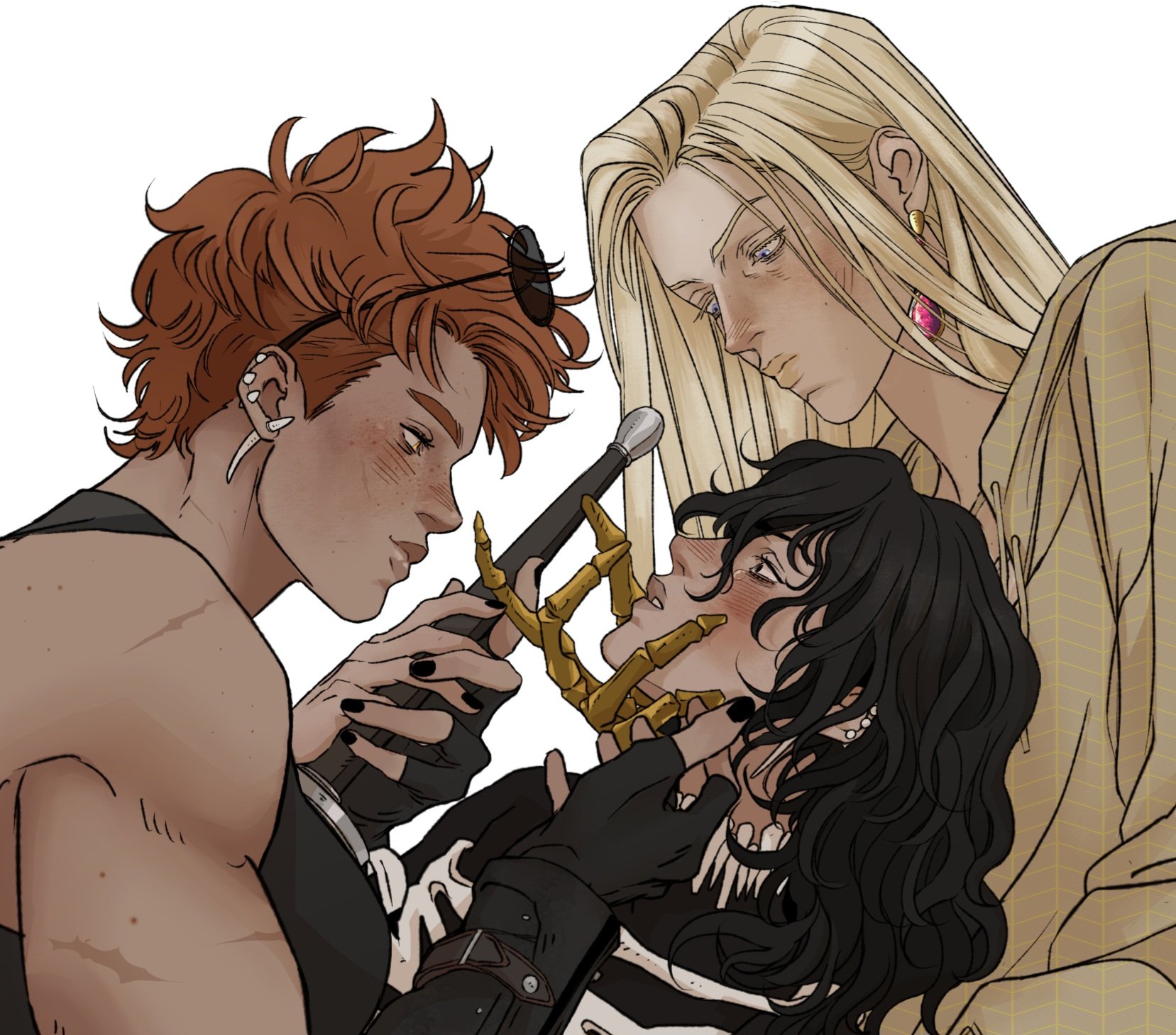 an illustration depicting three stylized characters in a close and intimate scene. a muscular redhead with freckles and earrings holds a makeup brush near the face of a darkhaired person with skeleton detailing on their clothing. a tall, blondhaired person with long hair looks down at them. the overall style is reminiscent of fantasy or romance art.
