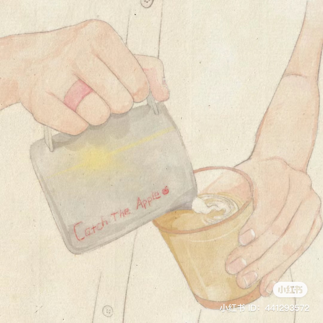 a watercolor illustration of a barista pouring steamed milk into a glass of coffee to create latte art. the barista's hands are visible, one holding the steaming pitcher and the other holding the glass. the pitcher has the words "catch the apple" written on it. the image has a soft and warm tone.