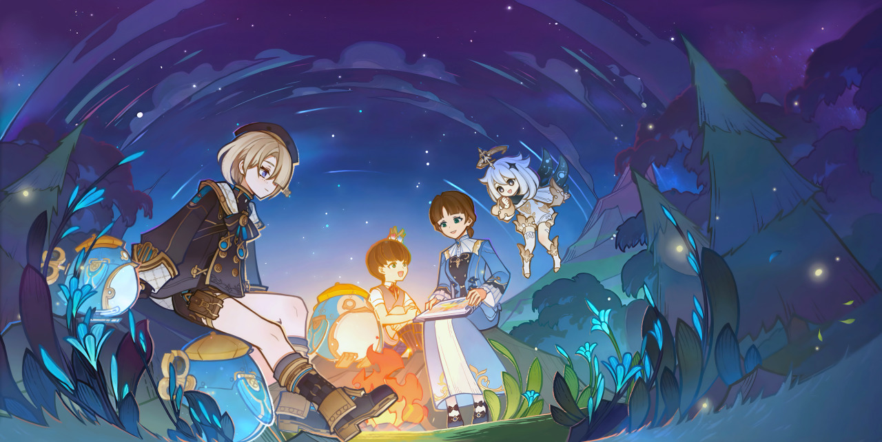 the image depicts a group of four anime characters standing in a magical forest at night. the characters are all dressed in unique clothing, and the background is filled with stars and clouds. two of the characters are sitting by a campfire, while the other two are standing next to them. there are glowing plants and flowers surrounding the group. the atmosphere is peaceful and magical, suggesting an adventurous story unfolding.