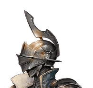 he image shows the upper torso of a knight wearing ornate, metallic armor. the most prominent feature is the helmet, which features a large, curved, bladelike protrusion at the top. the helmet is predominantly silver with gold accents and intricate detailing. the knight's face is hidden behind the visor. the armor below the neck appears equally detailed and made of similar materials, with a hint of dark blue fabric underneath. the background is white, isolating the subject.