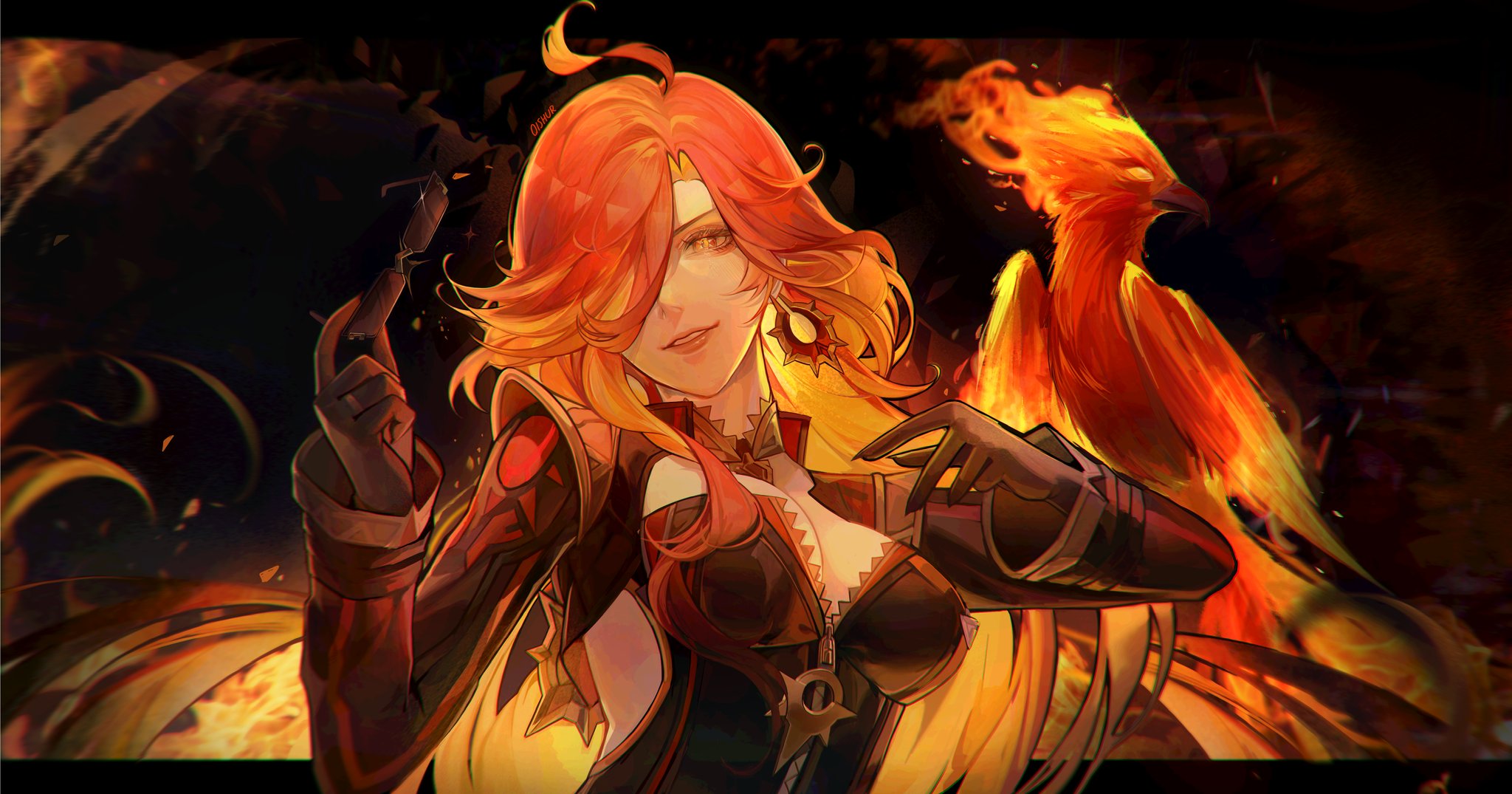 the image showcases a stylized animestyle portrait of a woman with vibrant orange hair that seems to be infused with fire.  she possesses a confident smirk and is adorned in a dark, elegant outfit with details suggesting a magical or fantasy setting.  a phoenix, also rendered in fiery hues, is partially visible behind her, adding to the overall dramatic and powerful atmosphere of the piece.  the style is painterly, with visible brushstrokes contributing to a dynamic and energetic visual. the dark background accentuates the bright colors of the woman and the phoenix.