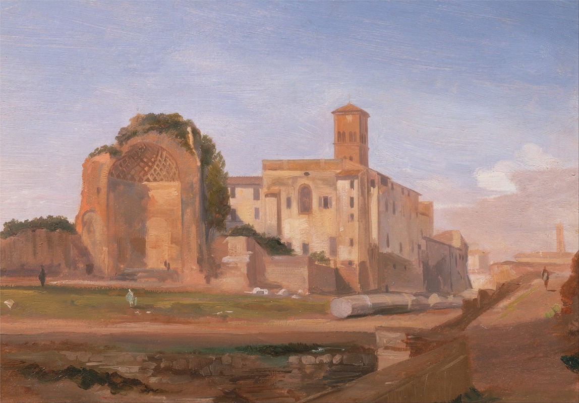 the image is a painting depicting the roman forum with ancient ruins, a tower, and other buildings under a blue sky. there is grass in the foreground and figures are seen walking around the ruins. some columns are lying on the ground.