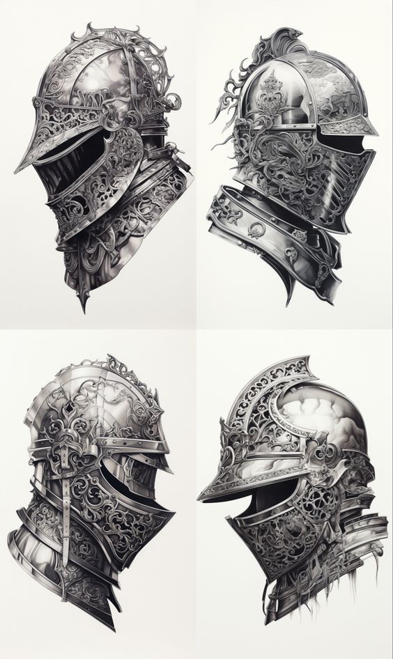 the image showcases four meticulously detailed pencil sketches of stylized medieval helmets. each helmet is adorned with intricate engravings, suggesting a high level of craftsmanship and artistry.  the helmets, likely part of larger armor sets,  evoke a sense of power, history, and the romanticized image of knights and warriors.