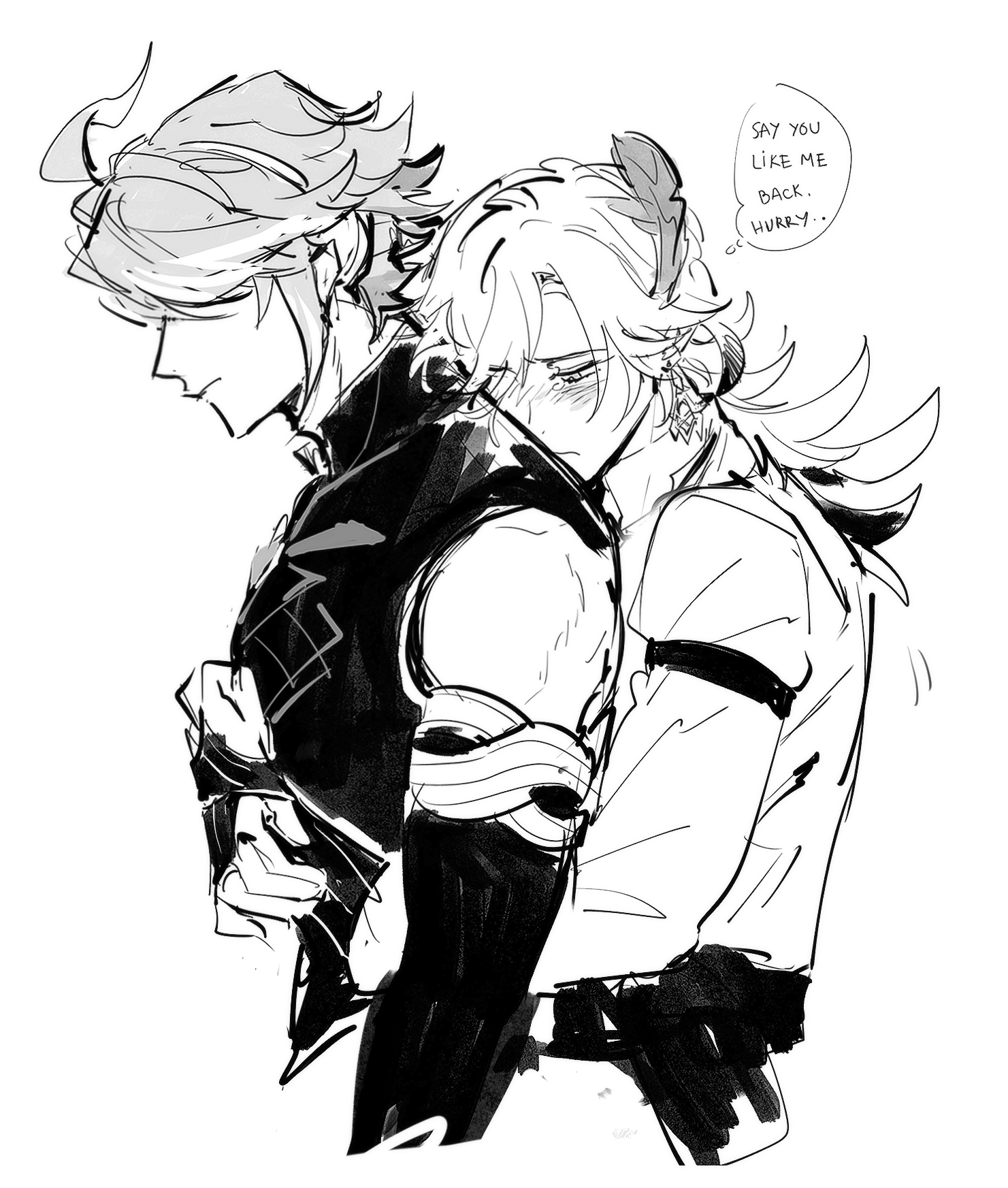 a black and white drawing of two men, one with long, flowing hair and the other with shorter hair, hugging closely and looking at each other with love and affection. the man with longer hair is holding the other man's arm, while the man with shorter hair leans into his embrace. the image is a romantic and affectionate portrayal of a couple, depicting their deep connection and intimacy.