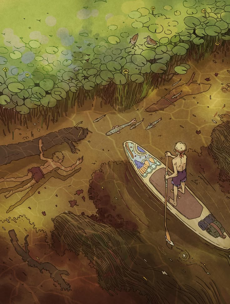an illustration of a person paddleboarding in a lake. there is a swimmer, fish, birds, a log, lily pads, and seaweed. the water is clear enough to see the bottom.