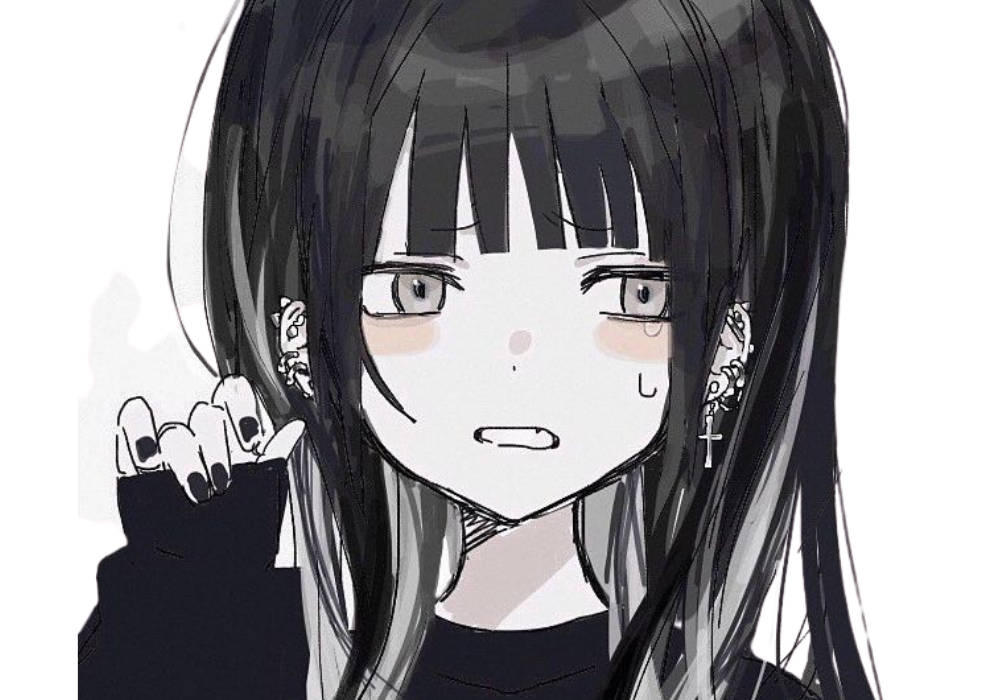 a black and white drawing of an anime girl with long black hair. she has a sad expression on her face and appears to be crying. she is wearing a dark top and has jewelry on her ears, including a cross. the image has a dark and edgy aesthetic.