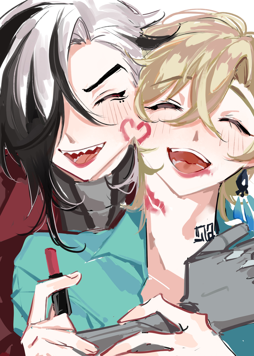 the image is a digital illustration of two young anime girls in a close embrace. the girl with white and black hair is