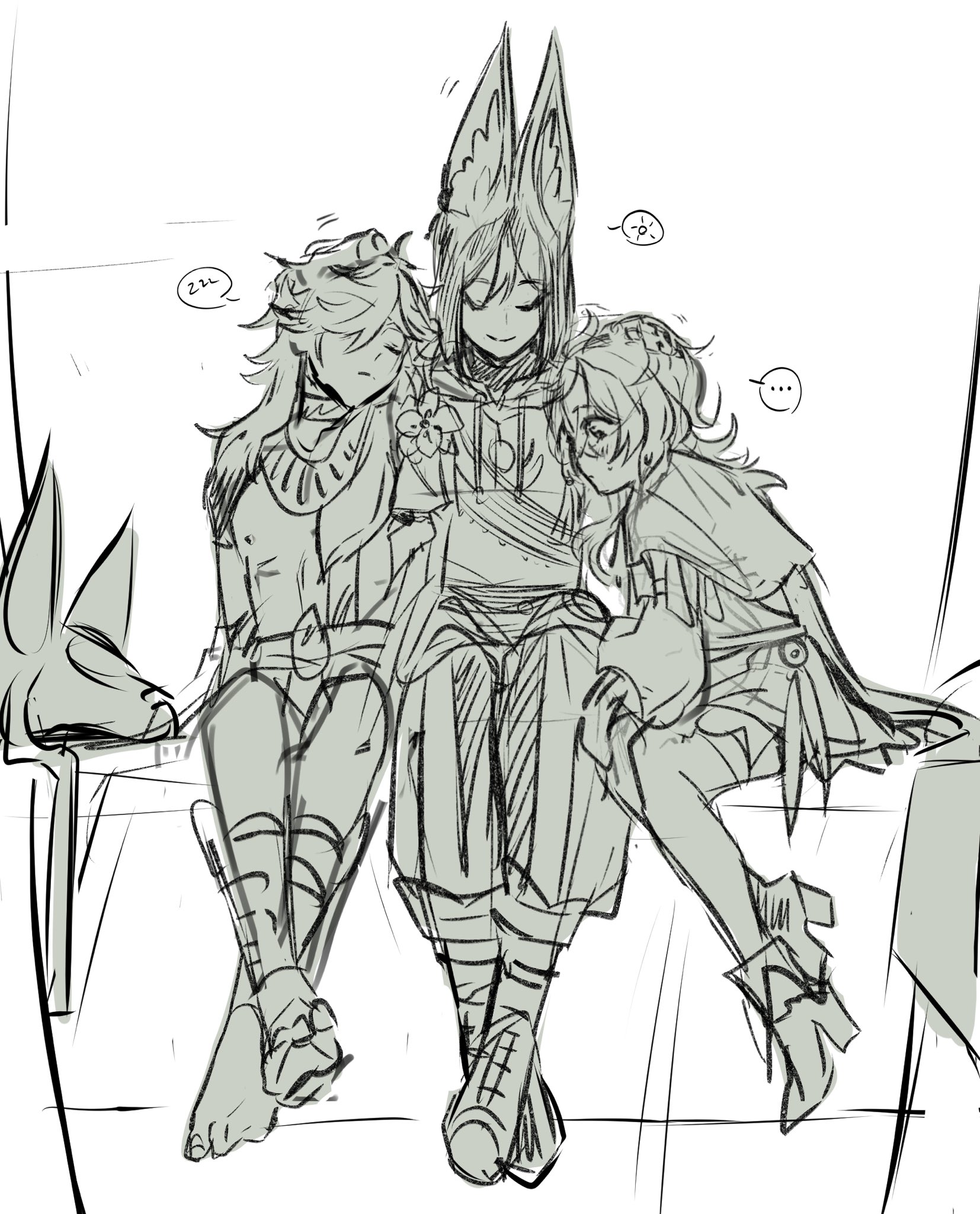 this is a line drawing of three anime girls, sitting on a couch together. the girl in the middle has her eyes closed and looks like she is asleep. the other two girls have their arms around her and look like they are smiling. they appear to be very close friends, and the artist