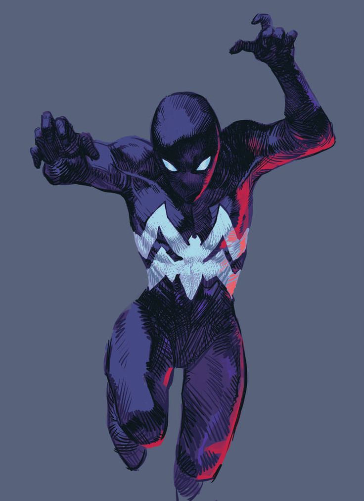 a dynamic illustration of spiderman in a black suit with a white spider design on his chest. he's in a midair action pose, with his arms outstretched and a determined expression. the artwork is stylized and vibrant.