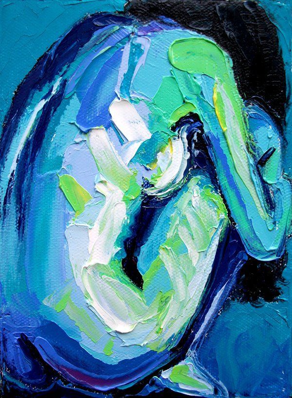 this abstract painting depicts a swirling, curvaceous form that resembles a female figure. it is created with bold, thick brushstrokes of blue, green, white, and black oil paint, creating a rich, textured surface. the vibrant colors and dynamic movement of the form convey a sense of energy and expression.