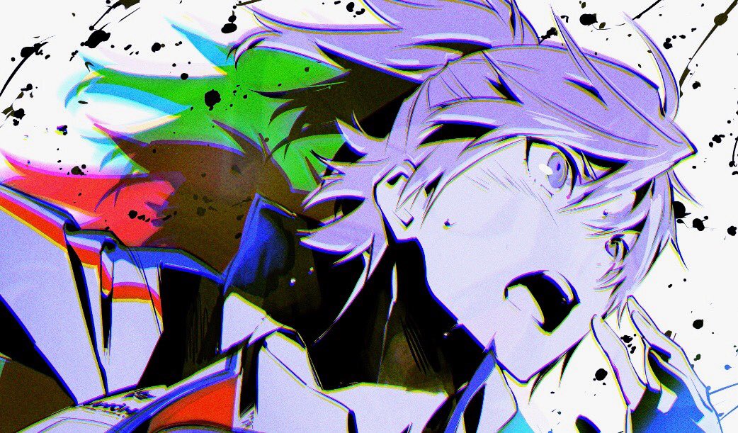 a stylized portrait of a young man with spiky purple hair, likely an anime character, dominates the image. his expression is one of intense emotion, his mouth open in a yell and eyes wide. his hair seems to flow wildly, blending with dynamic streaks of green, red, and blue that add a sense of movement and energy. the background is white with black splatters and streaks, further emphasizing the dynamism of the composition. the overall color palette is bold and vibrant, with strong contrasts between the purple, blue, and red hues.