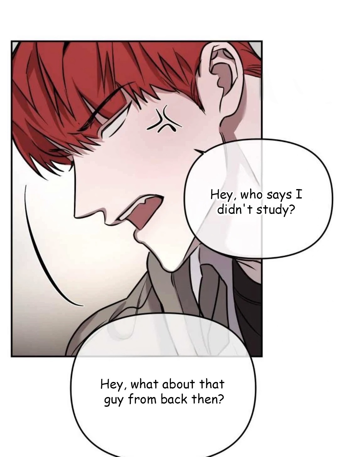 a closeup shot of a manga character with red hair, showing an angry expression.  speech bubbles contain dialogue suggesting an argument and a possible reference to someone from the past. the art style is consistent with manhwa or webtoon.