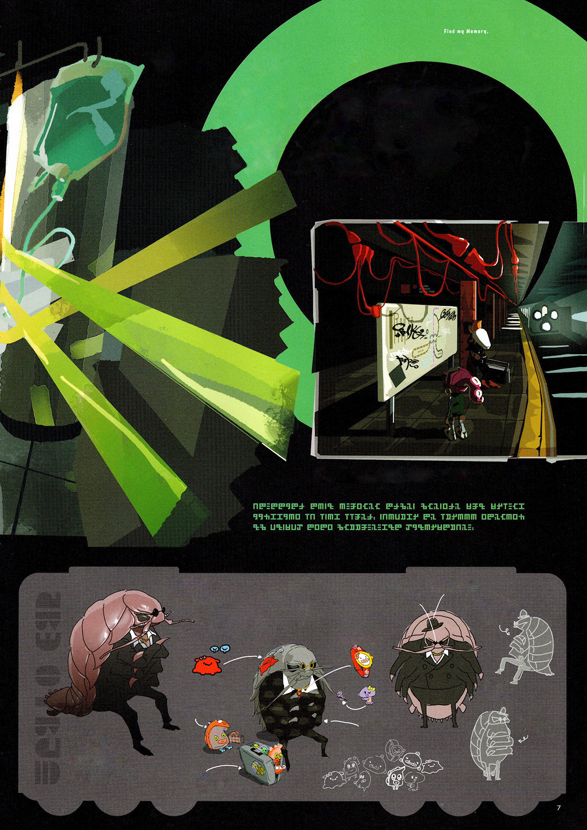 the image showcases concept art for what appears to be a video game. in a stylized, slightly low angle perspective, we see the interior of a futuristic subway car bathed in the bright, artificial light of a spotlight. red wires and pipes contrast against the predominantly green environment.  the bottom half of the image features character design sheets for a variety of humanoid creatures.  these buglike beings, some wearing suits and carrying briefcases, are depicted in various poses and expressions.  the overall aesthetic suggests a blend of science fiction and whimsical humor.