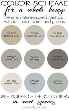the image shows a color scheme for a house, with a collection of paint swatches from sherwin williams, each with its color code and name. the color palette is described as "serene, natureinspired neutrals with touches of blues and greens." the colors include: barcelona beige, colonnade gray, agreeable gray, dorian gray, ellie gray, gauntlet gray, aesthetic white, krypton, silvermist. the image suggests that these colors could be used for a variety of interior design purposes, including walls, trim, and furniture.