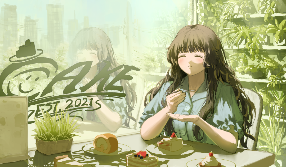 the image is a digital illustration depicting an animestyle girl with long brown hair, sitting in a sunlit cafe. she's happily eating a piece of strawberry shortcake. the cafe has a bright and airy atmosphere, with a large window offering a view of a city skyline and a vertical garden visible behind her.  various pastries, including a swiss roll and chocolate cake, are on the table in front of her. the cafe's logo, “cake est. 2021,” is visible on the window, giving a sense of establishment and a calm, pleasant vibe. the overall style is soft, pastelcolored and slightly impressionistic, focusing on light and atmosphere. a reflected image of the girl is faintly visible in the window, adding to the peaceful mood.