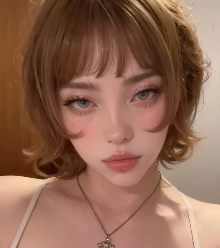 a closeup portrait of a young woman with light brown hair styled in a bob with bangs. she has a fair complexion, striking blue eyes, and is wearing makeup including blush, eyeliner, and lip gloss. she has a lip piercing and is wearing a necklace with a pendant.