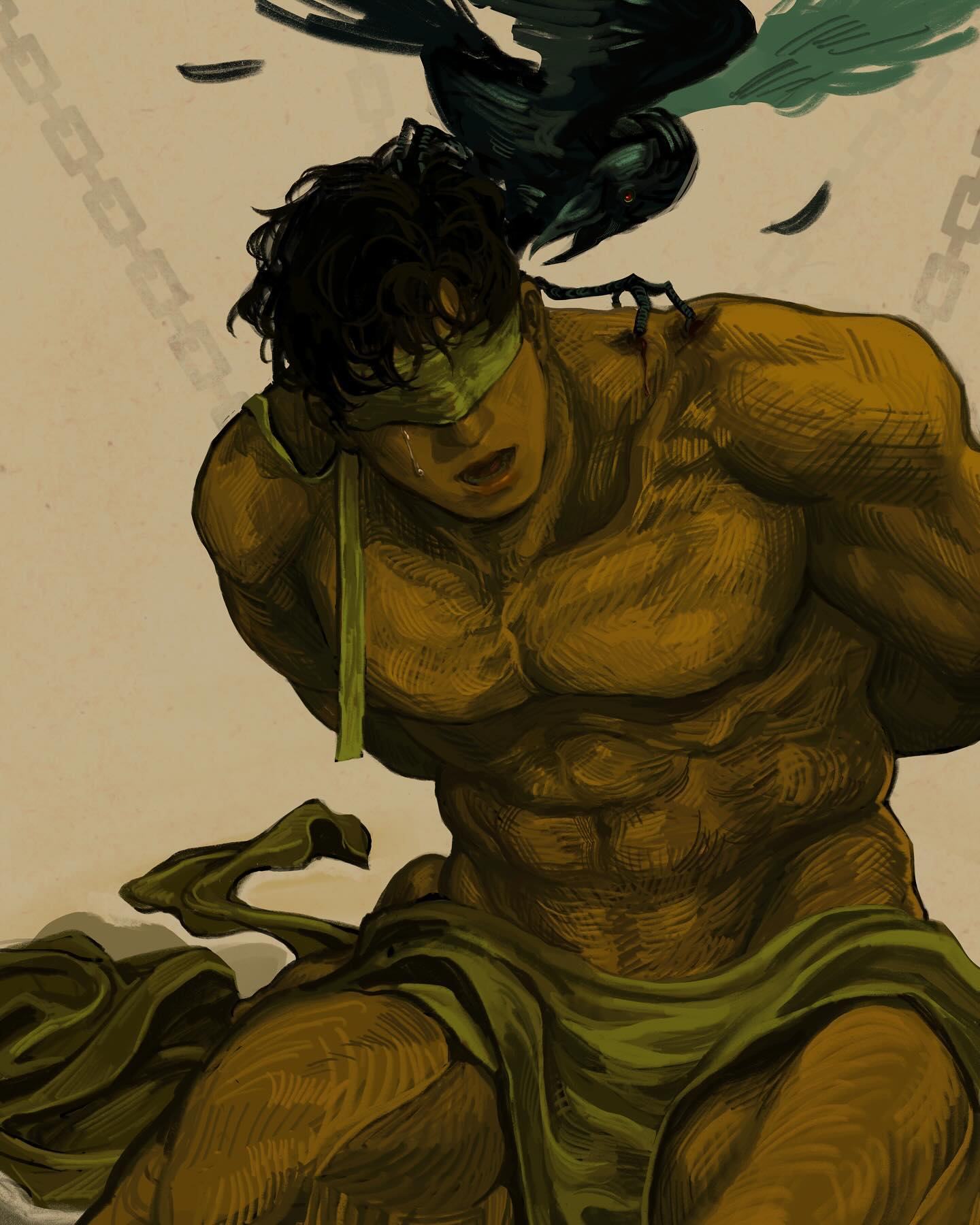 the image depicts a muscular man with dark hair blindfolded with a green cloth. he appears to be bound, and his posture suggests anguish and suffering. a raven or crow is perched on his shoulder. chains are visible in the background, implying captivity. he is crying, with tears visible on his face. a green cloth covers his lap.