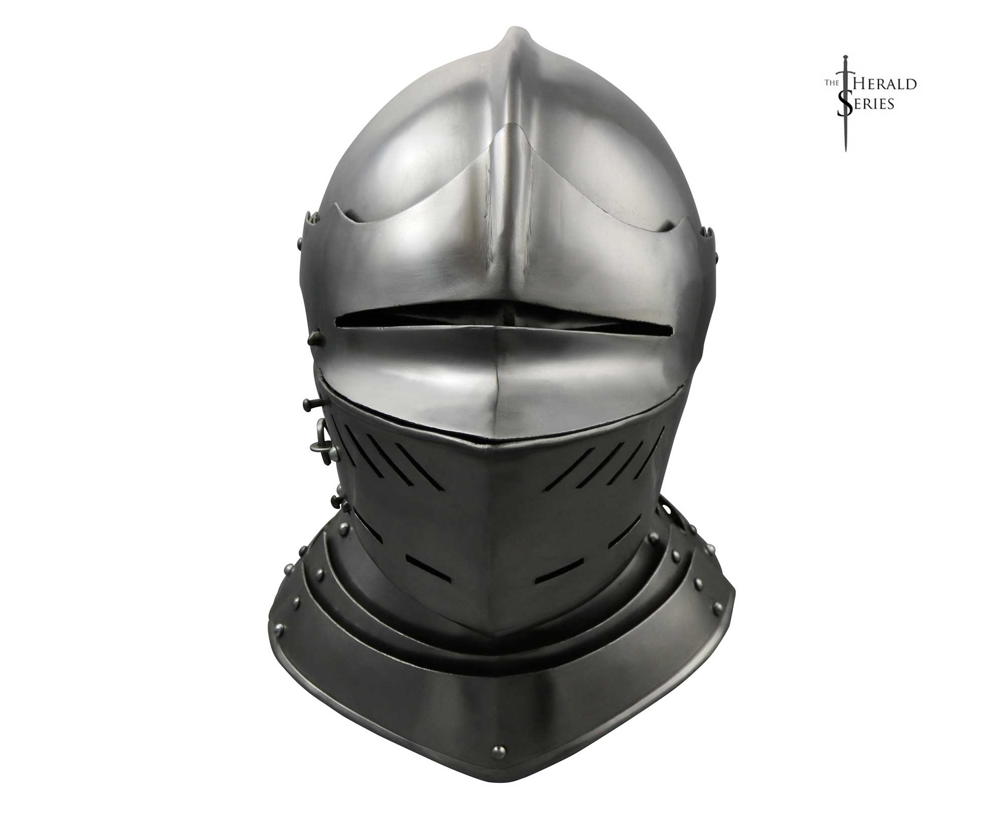 the image showcases a wellcrafted medieval helmet, likely inspired by 15thcentury european designs. the steel helmet, with its rounded top and articulated visor, is captured in a clean, white background, highlighting its intricate details and craftsmanship. the even lighting emphasizes the metallic sheen and texture of the armor. the perspective offers a clear, frontal view of the helmet, allowing the viewer to appreciate its design and protective features.