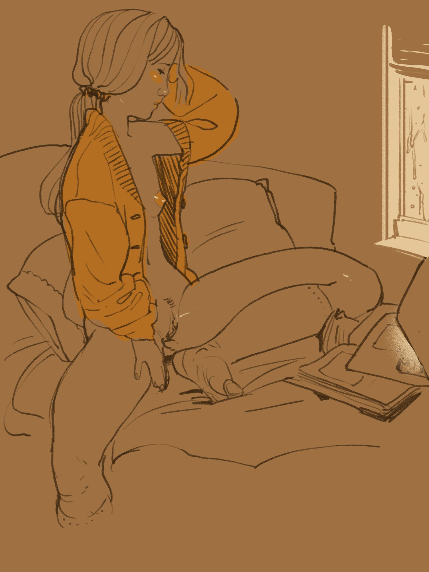 the illustration depicts a young woman, partially nude, sitting on a bed. she's wearing an orange cardigan, open to reveal her chest and upper body.  her hair is pulled back. she appears relaxed, almost pensive, possibly reading or looking out a nearby window visible in the background. the setting suggests a cozy, bedroom scene, possibly in winter. the style of the drawing is loose and sketchy, utilizing muted brown and tan tones creating a sense of intimacy and comfort. the overall mood is calm and serene.
