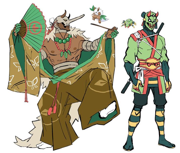an illustration of two fantasy character designs, one a beastlike warrior wearing a kimono and wielding a fan, and the other a swordsman wearing a ninjalike outfit. both are adorned with a similar color scheme and decorative elements, suggesting a connection. the characters are set against a white background.