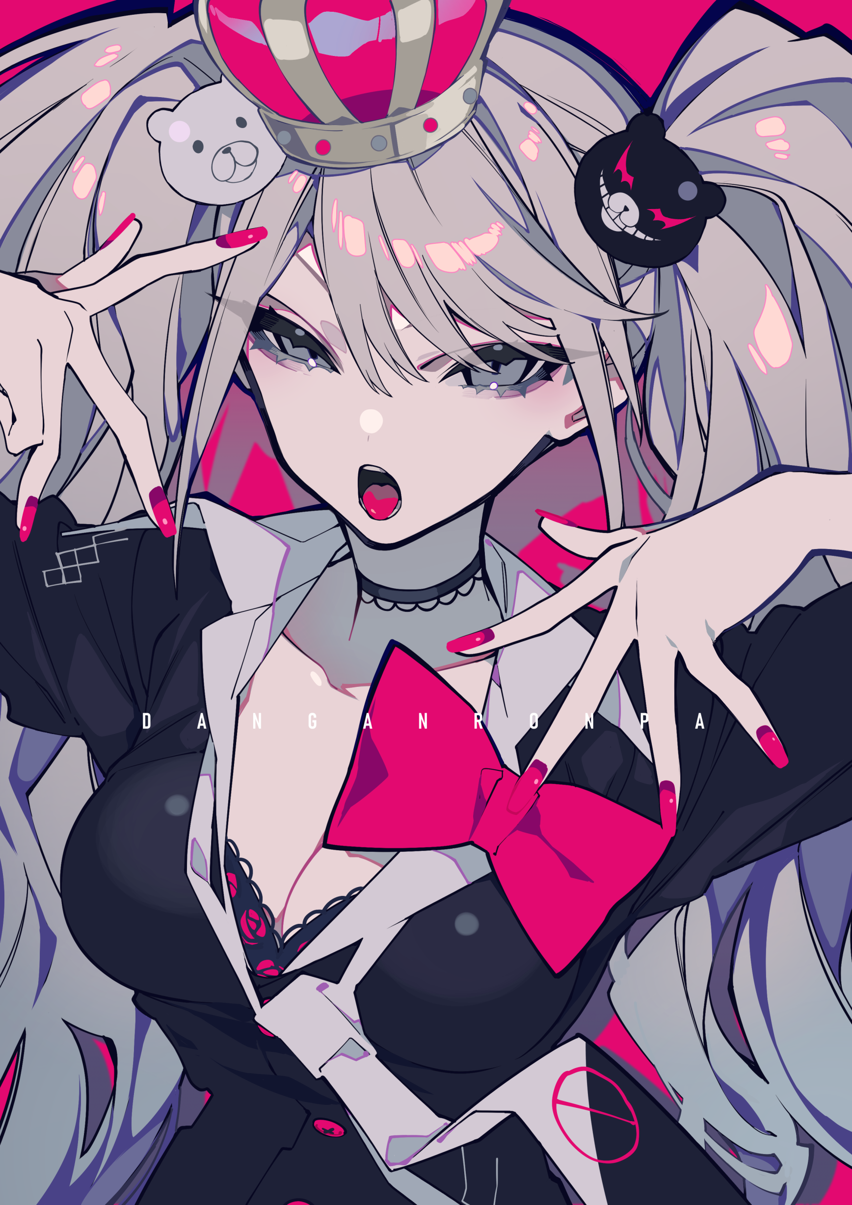 an animestyle illustration of junko enoshima from danganronpa. she has white hair styled in pigtails with accessories including a crown, monokuma bear, and black bear charm. her outfit consists of a black and white top with a large pink bow and a choker. her long pink nails are visible as she poses with her hands. the background features a bold pink color.