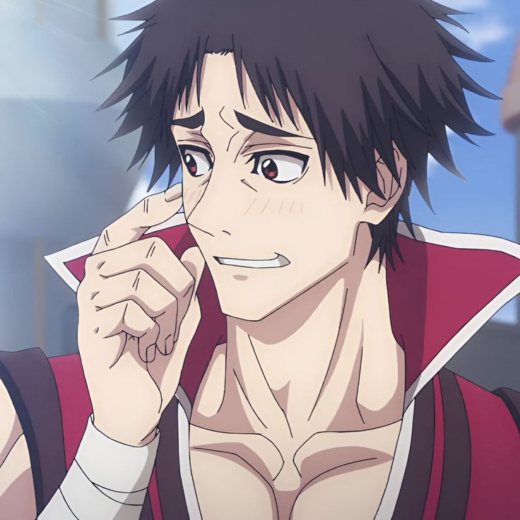 this is an anime drawing of a young anime man in a red, white, and black outfit.  he has black hair,  and his eyes are wide open as he smiles  and blushes slightly.  he looks very happy.  the image is in a style that seems to be an illustration or digital art.