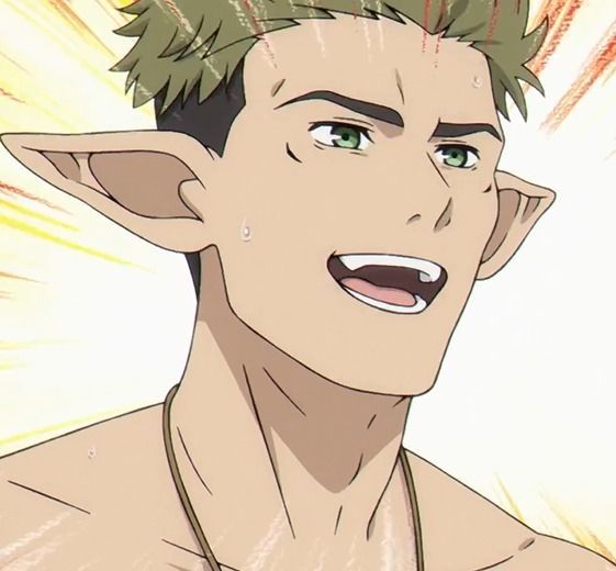 the image portrays a closeup illustration of a young, muscular elf with short, spiky green hair. he has pointed ears characteristic of elves, bright green eyes, and a wide, excited grin revealing his teeth. sweat beads on his forehead and chest, suggesting exertion or excitement. he appears shirtless, with a simple necklace around his neck. the background consists of dynamic yellow lines radiating outwards, emphasizing the character's energy and enthusiasm.