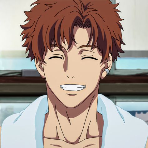 the image features a closeup illustration of a young man with a cheerful expression. he has brown hair, brown eyes, and is smiling broadly, revealing his teeth. he has an earring in his left ear. he appears to be shirtless and draped in a pale blue towel or robe. the setting suggests a simple indoor environment, potentially a bathroom or bedroom, as indicated by the blurry background hinting at a shelf or counter.content: illustrationpeople: manenvironment: indoors, bathroom, bedroomlighting: softperspective: closeupkw: happy, smiling, cheerful, towel, robe, anime, manga, brown hair, earring